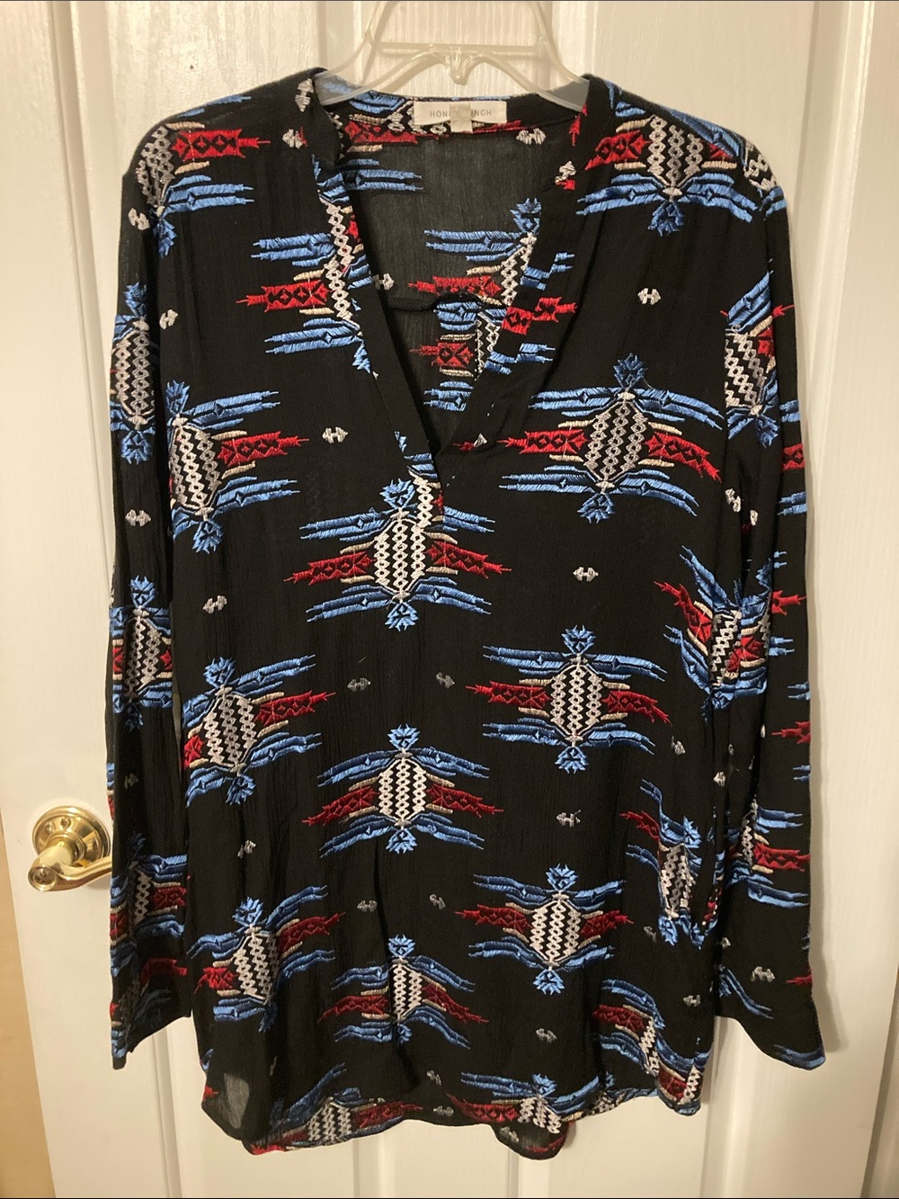50% off in 3+ bundle, Honey Punch Black Tunic with Blue/Red/White Embroidery